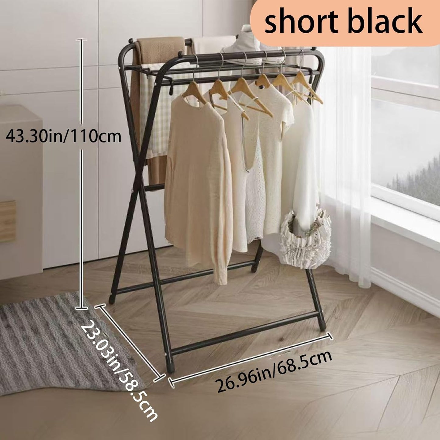 Folding Clothes Drying Rack, Movable Clothes Drying Rack, Height 110 cm/132 cm, Ample Drying Space, can be Used Indoors and Outdoors, Suitable for Living Room, Balcony, Porch, Terrace(Black,Short)