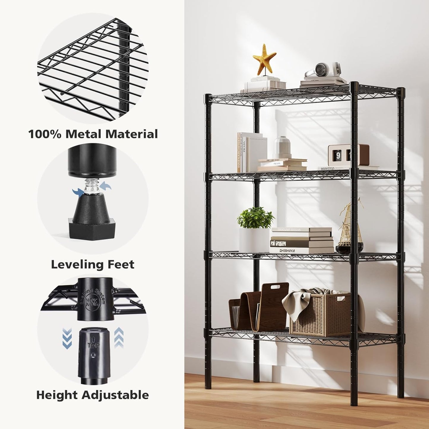 DUMOS 4 Tier Metal Wire Rack Shelf Heavy Duty Standing Shelves Adjustable Steel Closet Shelving Unit Organizers and Storage for Kitchen Bathroom Pantry Office, 13.78" D x 35.43" W x 54.02" H