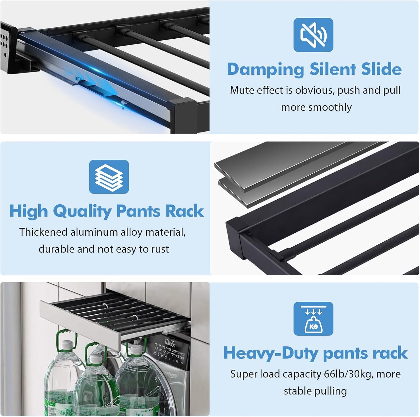 YJINGRUI Pull Out Trousers Rack for Closet, 11 Rods Retractable Wardrobe Trousers Rack, 66lb Closet Organizer with Silent Slide, Space-Saving for Wardrobe/Cloakroom/Bedroom/Balcony (23.6-33.5in)