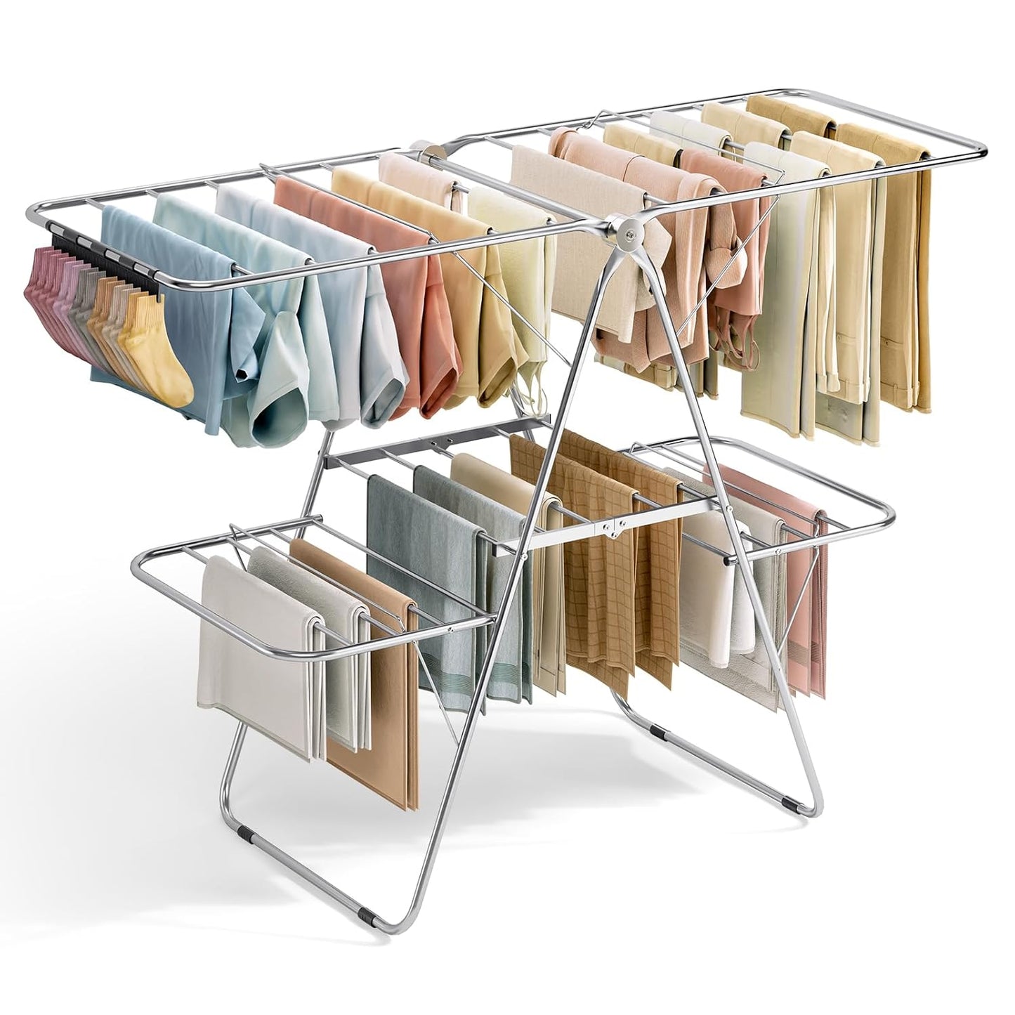 APEXCHASER Clothes Drying Rack, Foldable 2-Level Drying Racks with High Hanger, Metal Laundry Stand with Height-Adjustable Gullwings