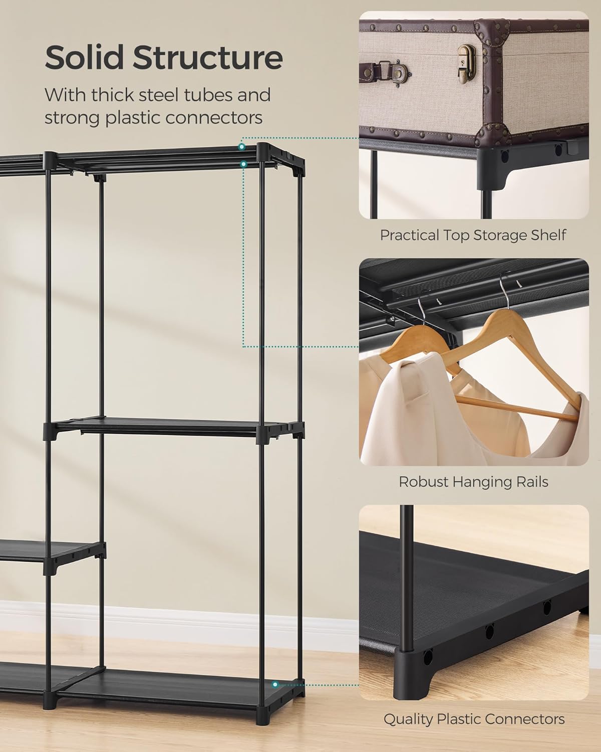 SONGMICS Portable Closet, Freestanding Closet Organizer, Clothes Rack with Shelves, Hanging Rods, Storage Organizer, for Cloakroom, Bedroom, 80.7 x 17.1 x 65.4 Inches, Black URYG035B01