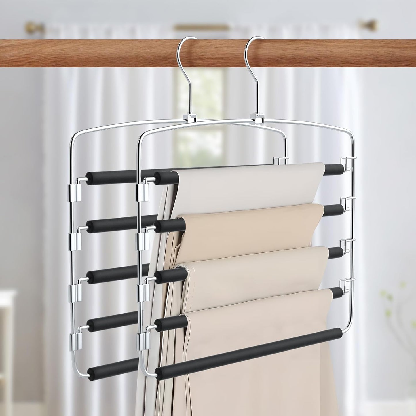 Pants Hangers, 6 Pack Anti-Slip Space Saving Hangers, 5 Layer Swing Arm Pants Hanger Stainless Steel with Non-Slip Padding, Closet Organizers & Storage for Pants Trousers Jeans Scarf