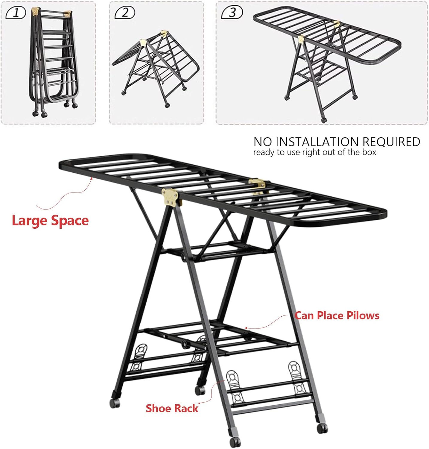 Folding Clothes Drying Rack with Height-Adjustable,Outdoor Large Capacity Convenient Rack, Solid Carbon Steel Material Suitable for Garden, Terrace, Balcony, Living Room (140cm Black)
