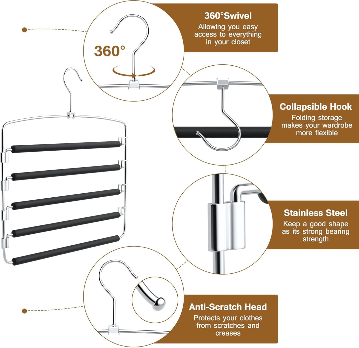 Pants Hangers, 6 Pack Anti-Slip Space Saving Hangers, 5 Layer Swing Arm Pants Hanger Stainless Steel with Non-Slip Padding, Closet Organizers & Storage for Pants Trousers Jeans Scarf