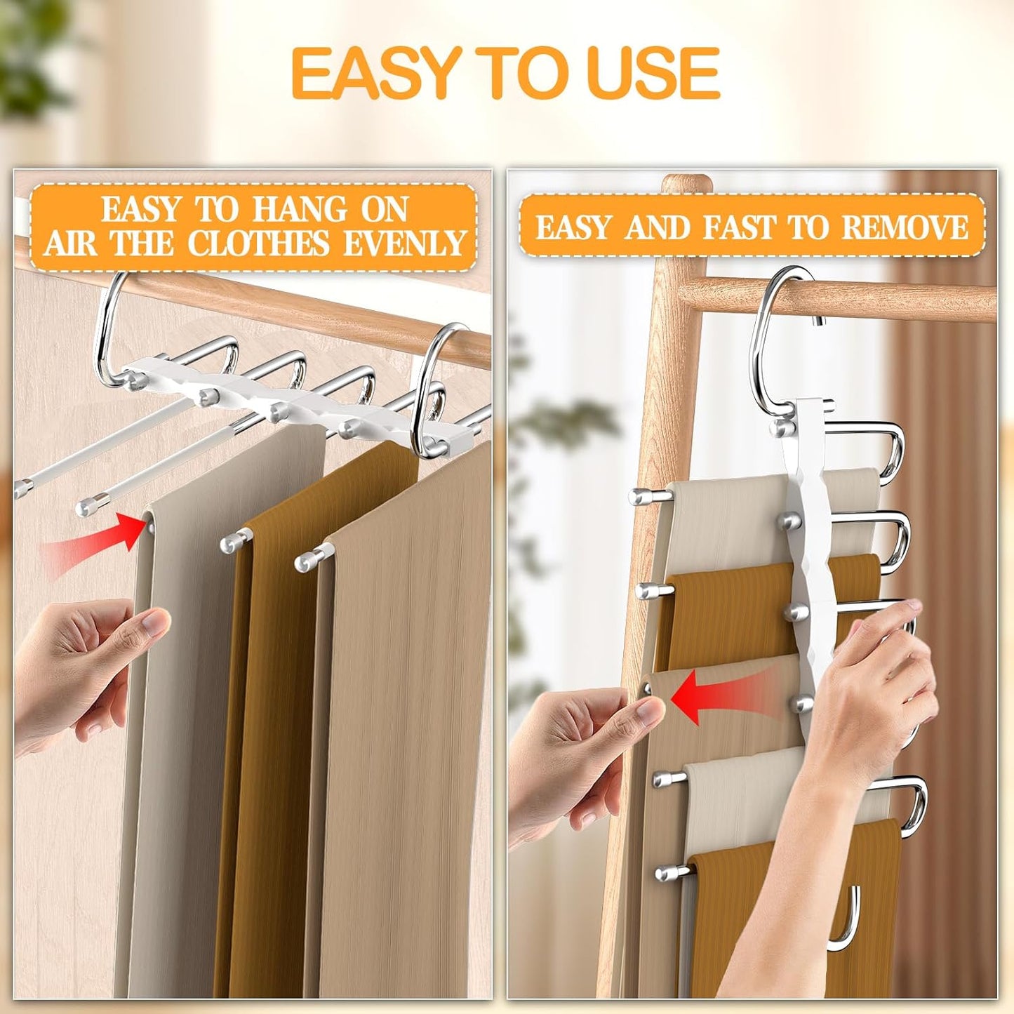 Pants Hangers, 4 Pack, Stainless Steel, Closet Organizers and Storage, Space Saving Hanger for Jeans Trousers Scarf Legging Skirts