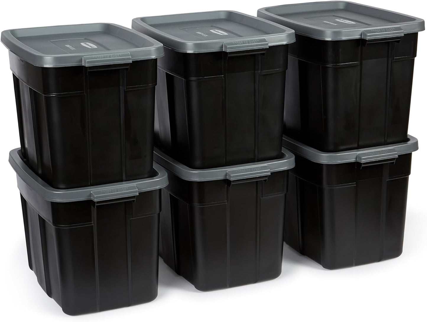 Rubbermaid 6-Pack Totes for Storage with Lids, Heavy Duty Plastic Storage Bins with Lids, Black Gray, 10 GAL - Stackable for Garage, Attic, Camping (10 GAL - 6 Pack Solid Black and Grey)