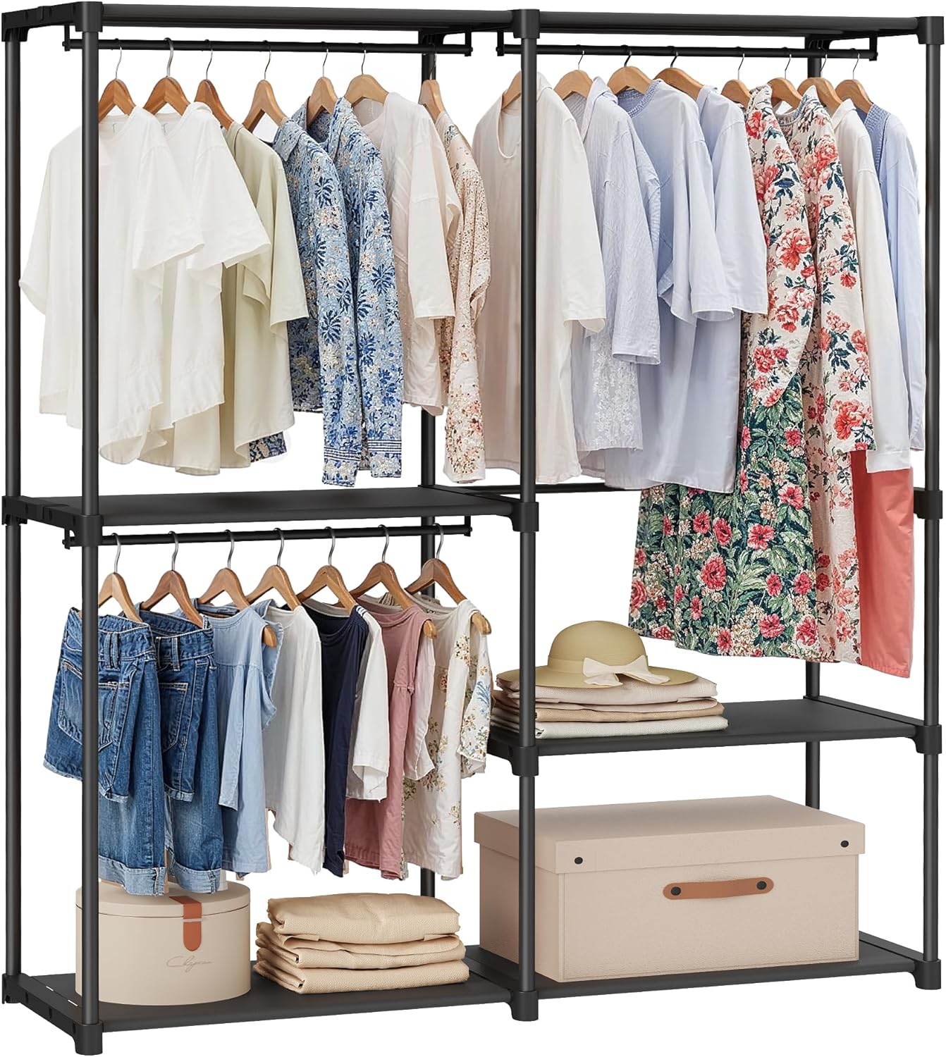 SONGMICS Portable Closet, Freestanding Closet Organizer, Clothes Rack with Shelves, Hanging Rods, Storage Organizer, for Cloakroom, Bedroom, 80.7 x 17.1 x 65.4 Inches, Black URYG035B01