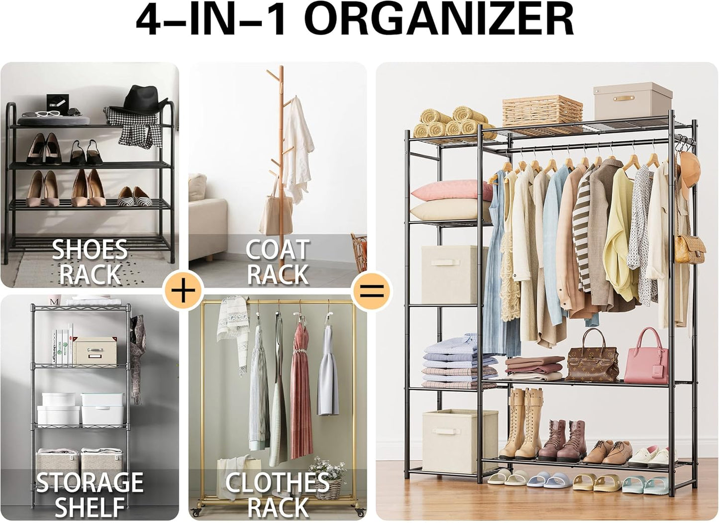Wardrobe Closet,Portable Clothes Rack with 4 Tiers Shelves,Freestanding Closet Organizers and Storage System with Hanging Rods,Steel Clothing Rack Suitable for Cloakrooms,Bedrooms,Entrances,etc.Black