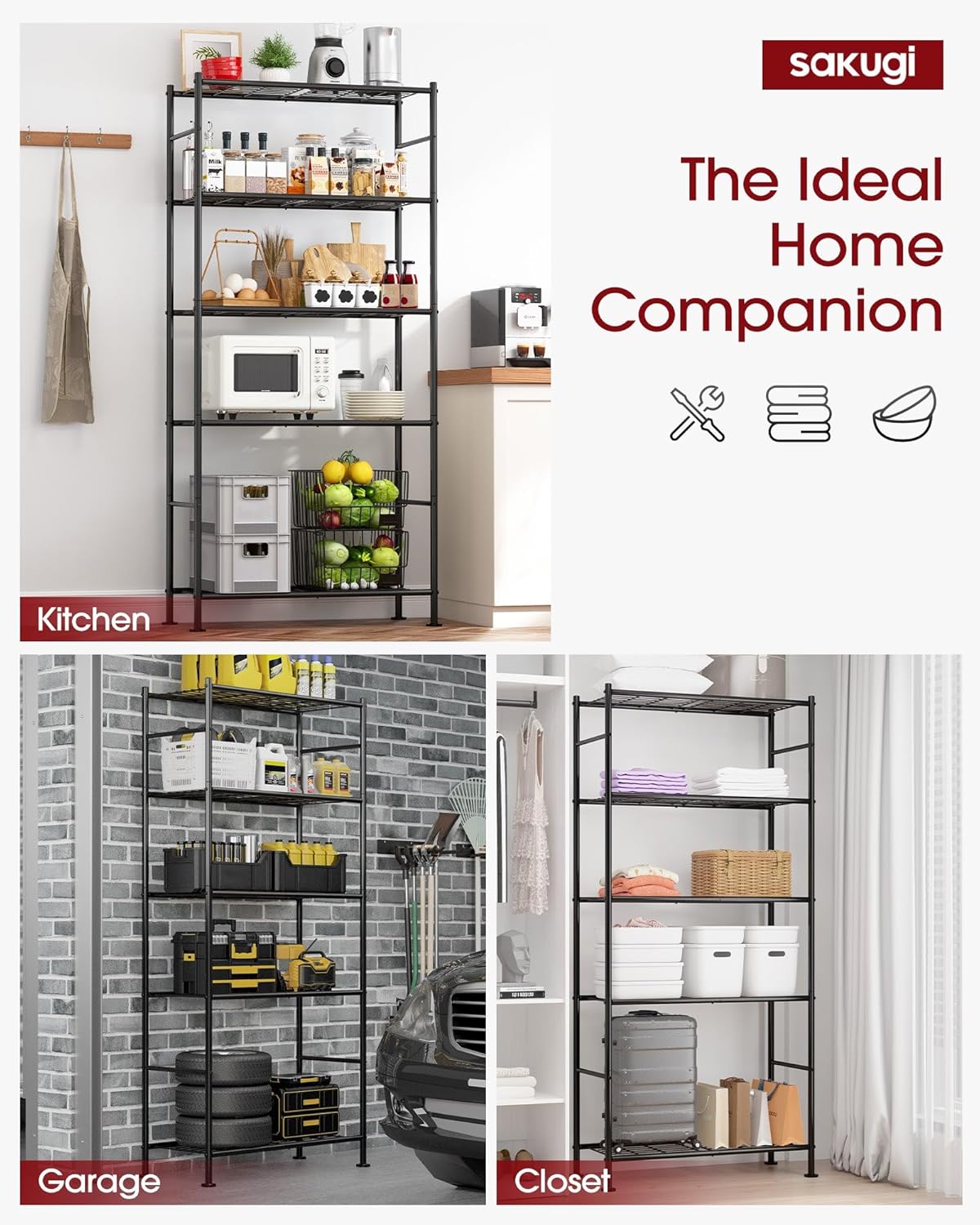 Storage Shelves - 5 Tier Shelf Organizer, Heavy Duty Garage Shelving Unit with Leveling Feet, Stable Metal Shelves Organizer for Pantry, Kitchen and Closet, 33.0" W x 12.6" D x 72.0" H, Black