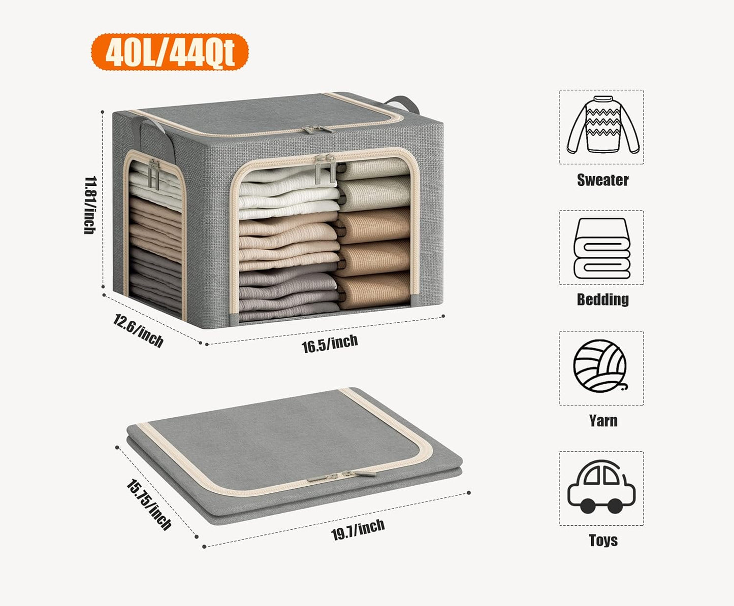 3 Openings Clothes Storage Bins with Metal Frame, Foldable Storage Bin for Clothes, Clothing Storage Bins with Lid, Linen Storage Box With Clear Window& Zippers& Durable Handles.(3 Pcs,Light Grey,40L)