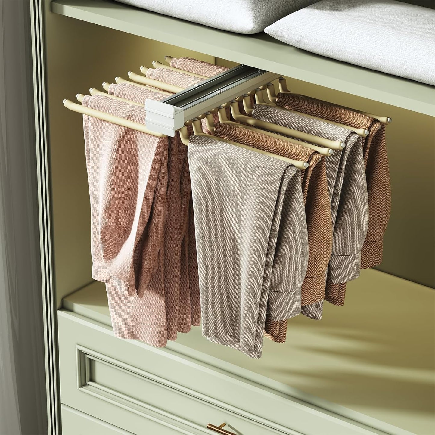 tonchean Pull Out Pants Rack Pants Hanger Bar 22 Arms Steel Pull Out Trousers Rack for Closet Clothes Organizers for Space Saving and Storage 18(L) x 23.4(W) x 5.7(H) inch
