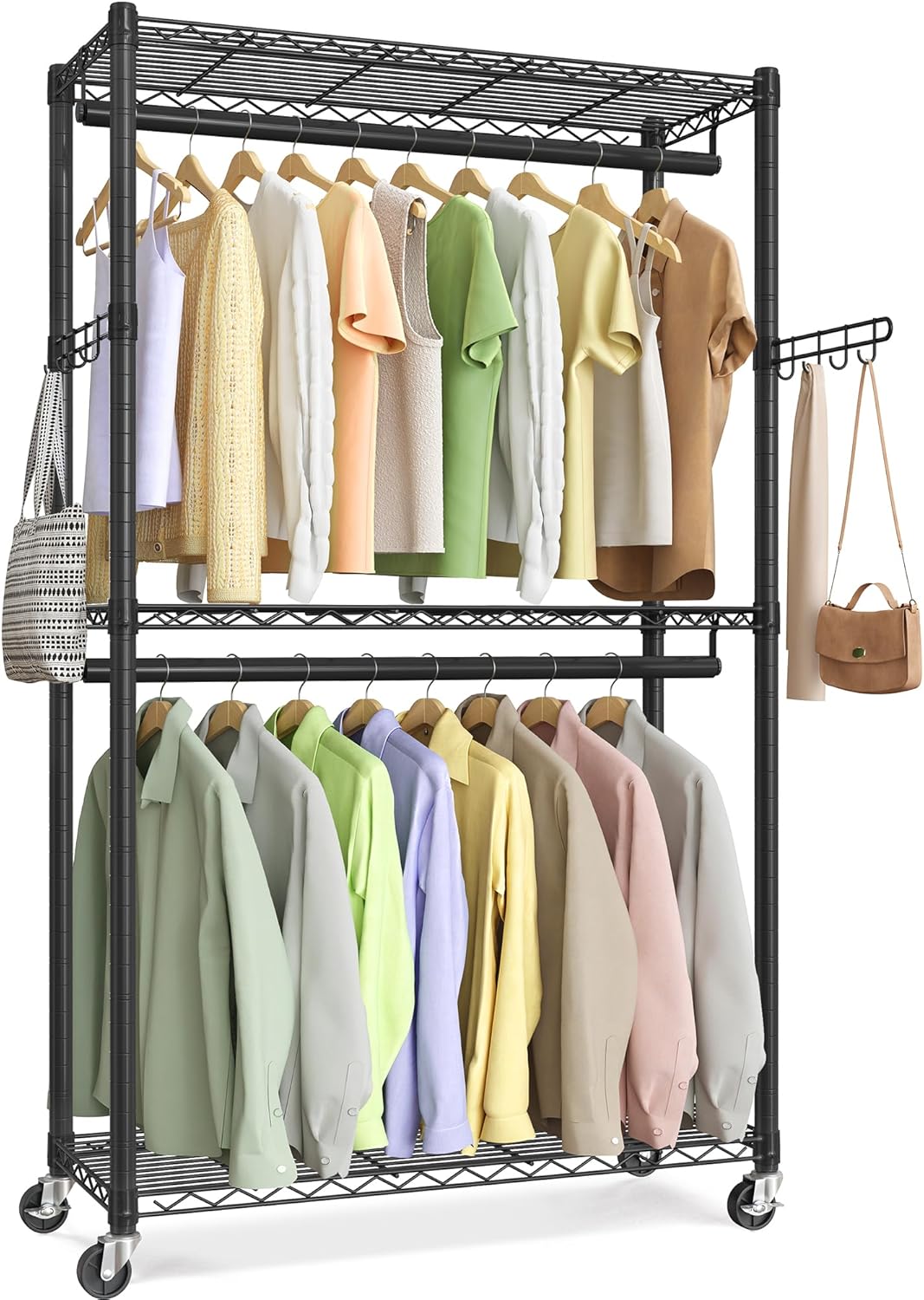 SONGMICS Heavy-Duty Rolling Clothes Rack, Garment Rack, Portable Closet, 43.3-Inch Wide Clothing Rack on Wheels, with Adjustable Mesh Shelves and Hanging Rails, Hooks, Ink Black ULGR414B01