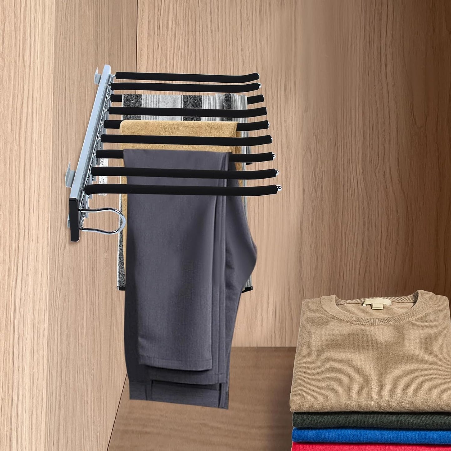 Wardrobe Pull Out Trousers Rack 9 Arms Steel Pants Rack Closet Pants Organizers Top Mounted Trousers Rack Space Saving for Cloakroom Wardrobe Bedroom(Left Side Mounts, 12.83inx18.11iin)