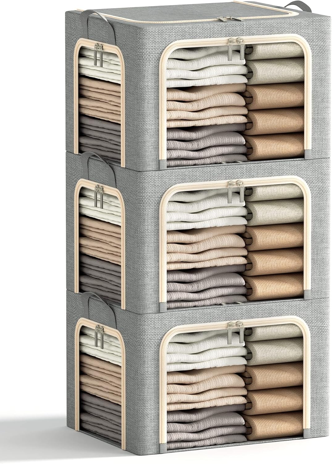 3 Openings Clothes Storage Bins with Metal Frame, Foldable Storage Bin for Clothes, Clothing Storage Bins with Lid, Linen Storage Box With Clear Window& Zippers& Durable Handles.(3 Pcs,Light Grey,40L)