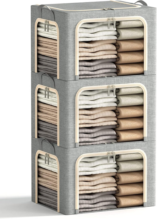 3 Openings Clothes Storage Bins with Metal Frame, Foldable Storage Bin for Clothes, Clothing Storage Bins with Lid, Linen Storage Box With Clear Window& Zippers& Durable Handles.(3 Pcs,Light Grey,40L)