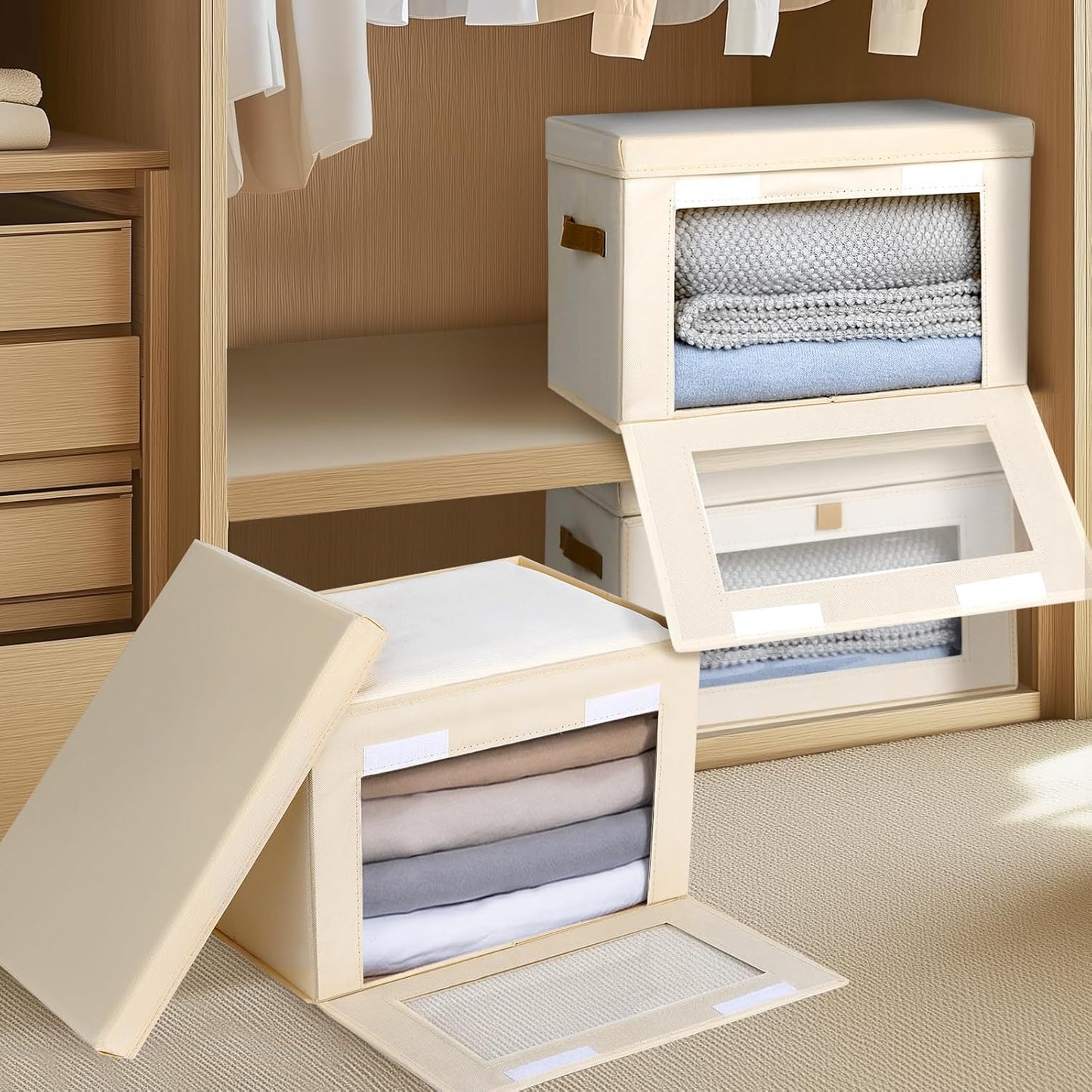Large Closet Storage Organizer - Clothes Storage Bins with Handles & Window, Collapsible Decorative Boxes with Lids, Fabric Containers for Living Room, Dorm, 2 Pack, Beige