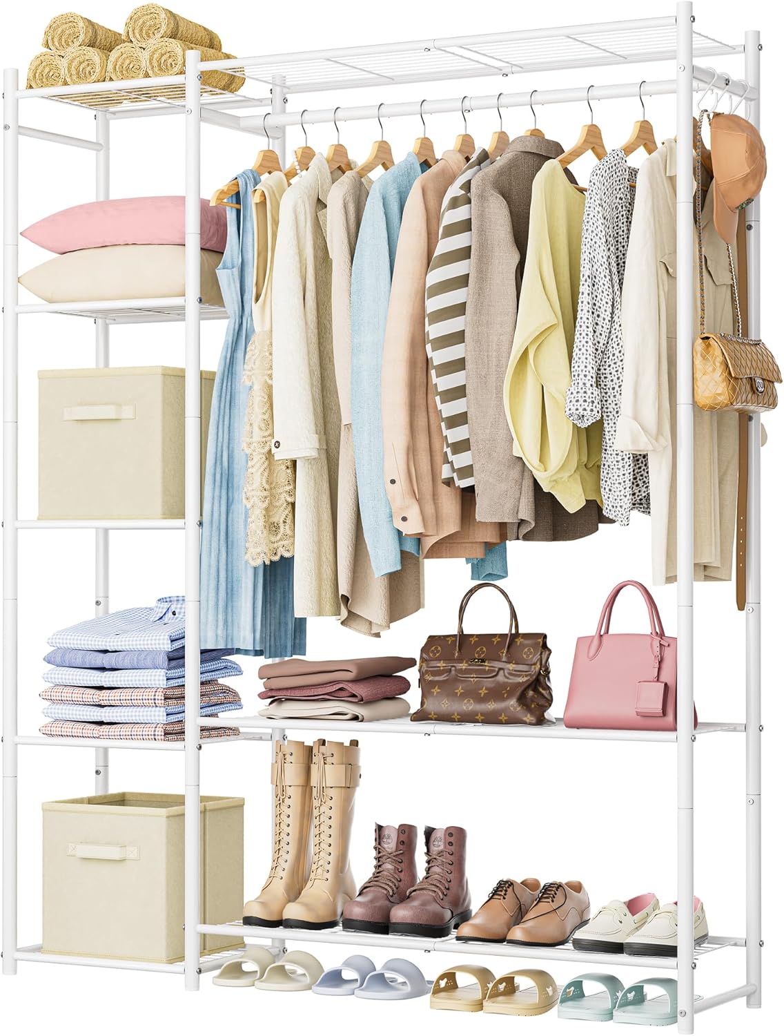 Wardrobe Closet,Portable Clothes Rack with 4 Tiers Shelves,Freestanding Closet Organizers and Storage System with Hanging Rods,Steel Clothing Rack Suitable for Cloakrooms,Bedrooms,Entrances,etc.Black