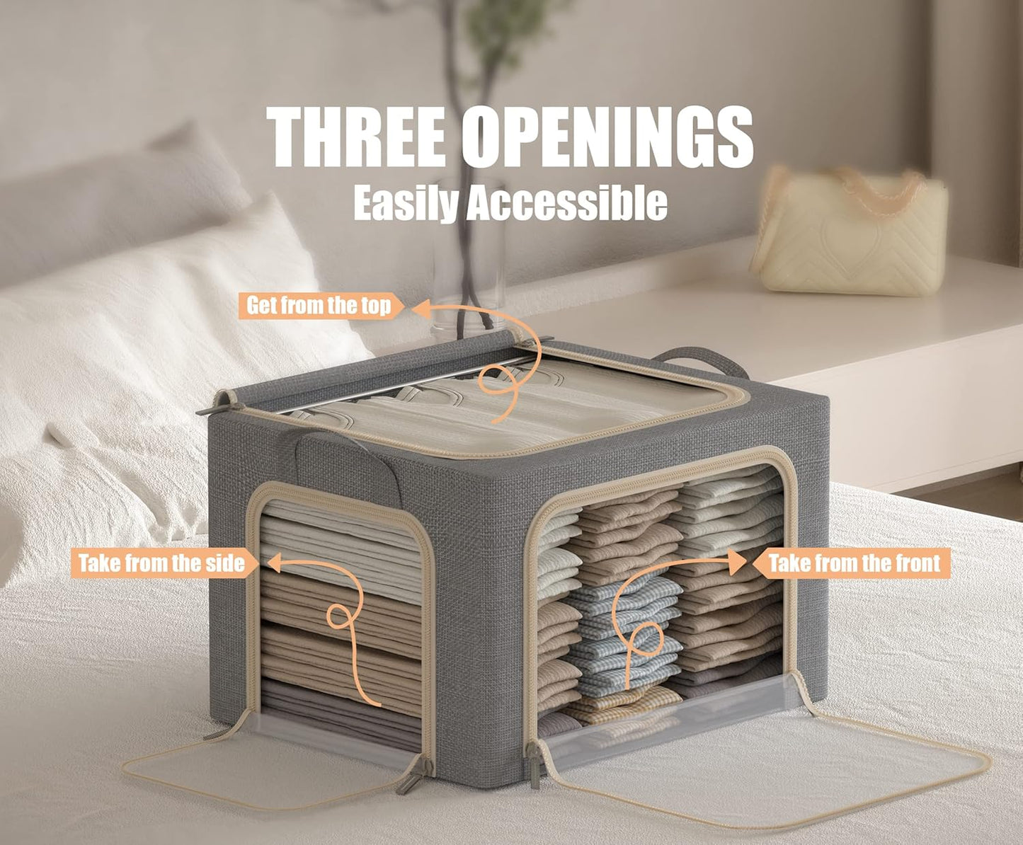 3 Openings Clothes Storage Bins with Metal Frame, Foldable Storage Bin for Clothes, Clothing Storage Bins with Lid, Linen Storage Box With Clear Window& Zippers& Durable Handles.(3 Pcs,Light Grey,40L)