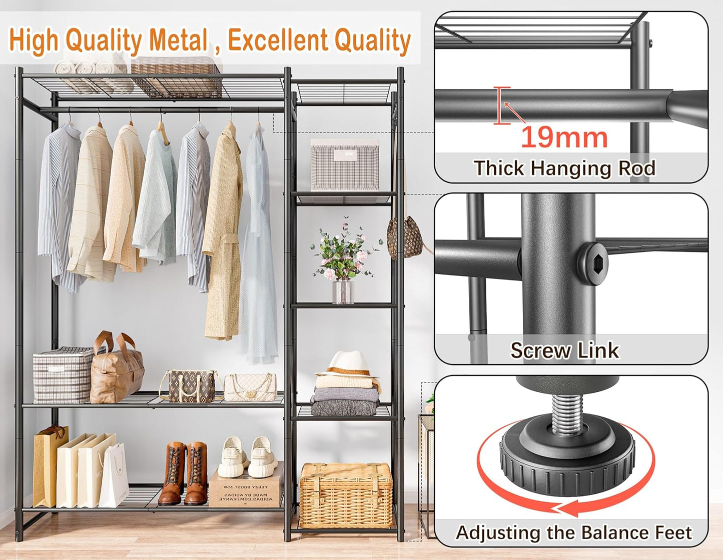 Wardrobe Closet,Portable Clothes Rack with 4 Tiers Shelves,Freestanding Closet Organizers and Storage System with Hanging Rods,Steel Clothing Rack Suitable for Cloakrooms,Bedrooms,Entrances,etc.Black