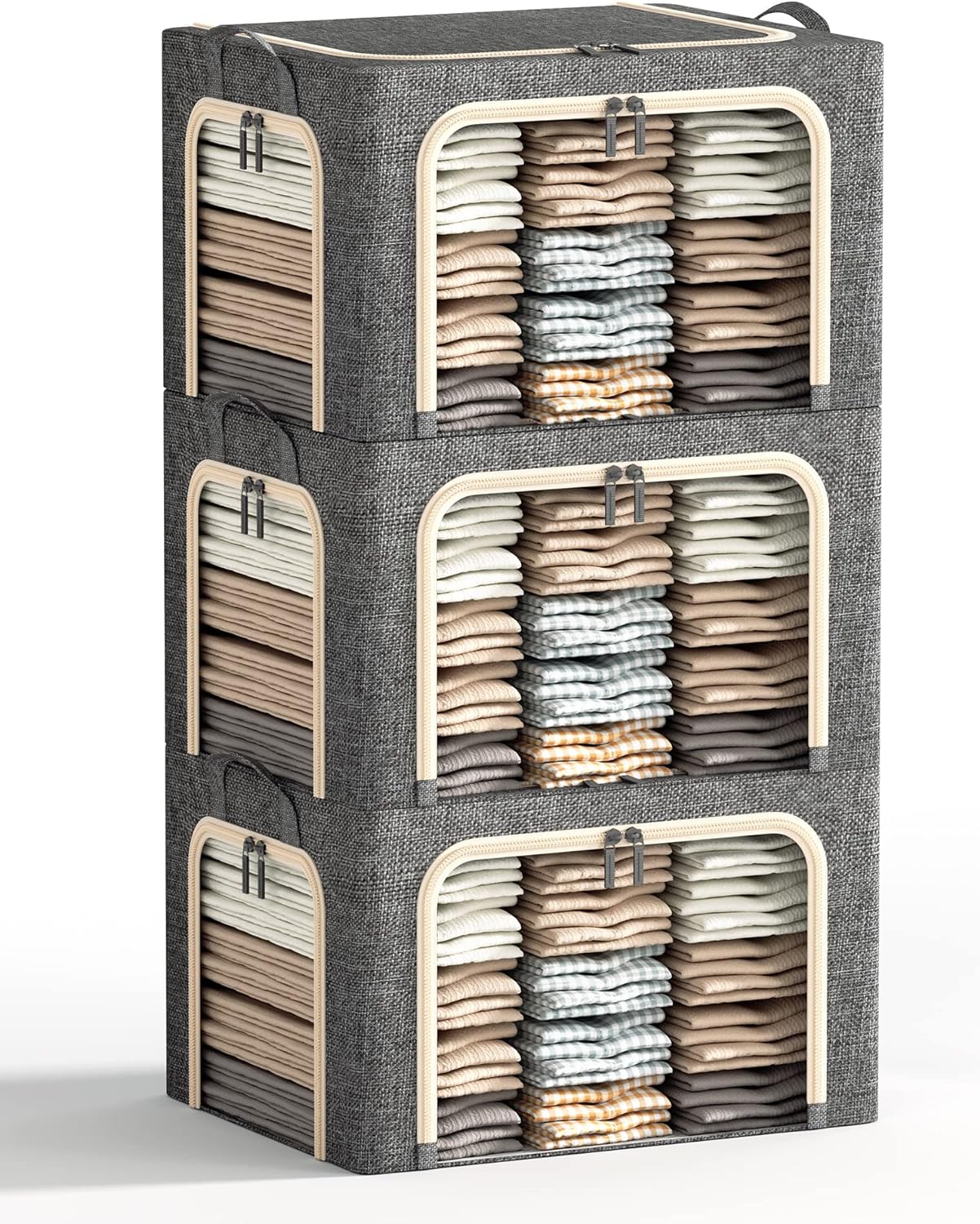 3 Openings Clothes Storage Bins with Metal Frame, Foldable Storage Bin for Clothes, Clothing Storage Bins with Lid, Linen Storage Box With Clear Window& Zippers& Durable Handles.(3 Pcs,Light Grey,40L)