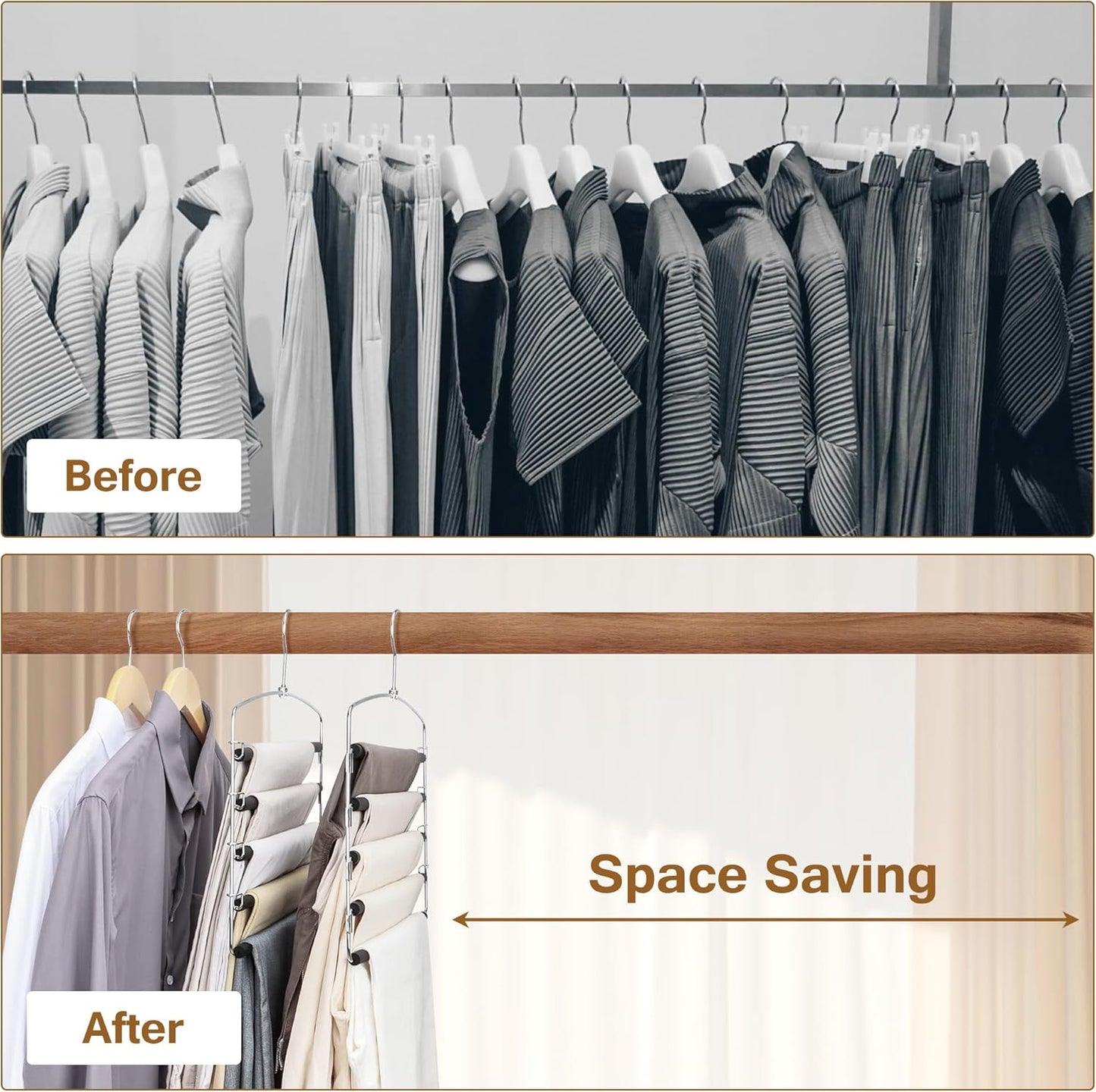Pants Hangers, 6 Pack Anti-Slip Space Saving Hangers, 5 Layer Swing Arm Pants Hanger Stainless Steel with Non-Slip Padding, Closet Organizers & Storage for Pants Trousers Jeans Scarf
