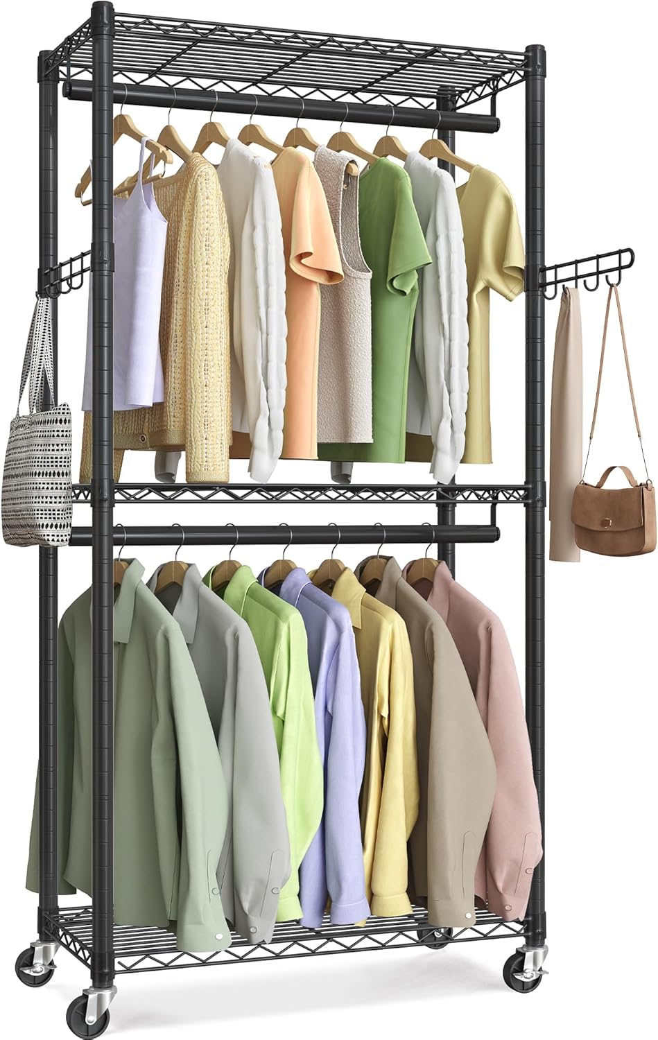 SONGMICS Heavy-Duty Rolling Clothes Rack, Garment Rack, Portable Closet, 43.3-Inch Wide Clothing Rack on Wheels, with Adjustable Mesh Shelves and Hanging Rails, Hooks, Ink Black ULGR414B01