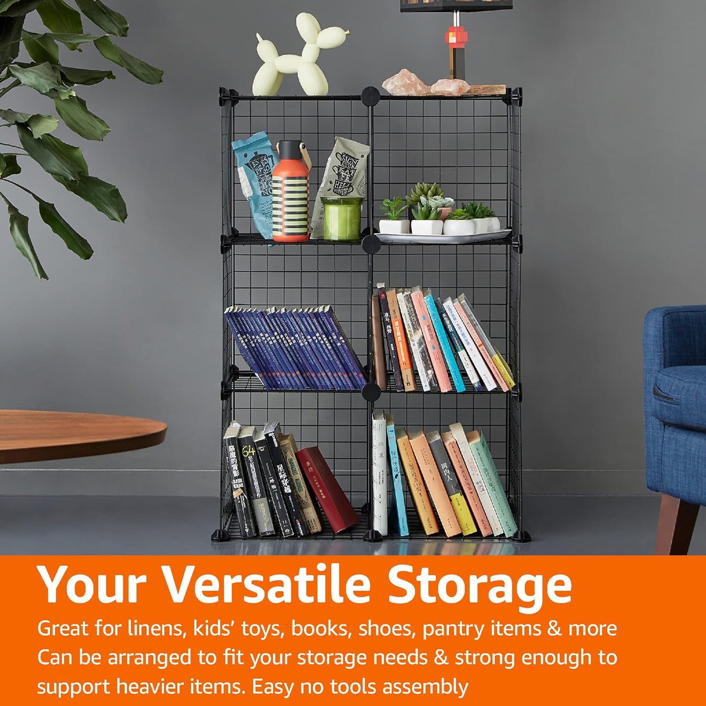 Amazon Basics Cube Wire Grid Stackable Storage Shelves, 6-Cube, 12.6"D x 26"W x 38"H, Black