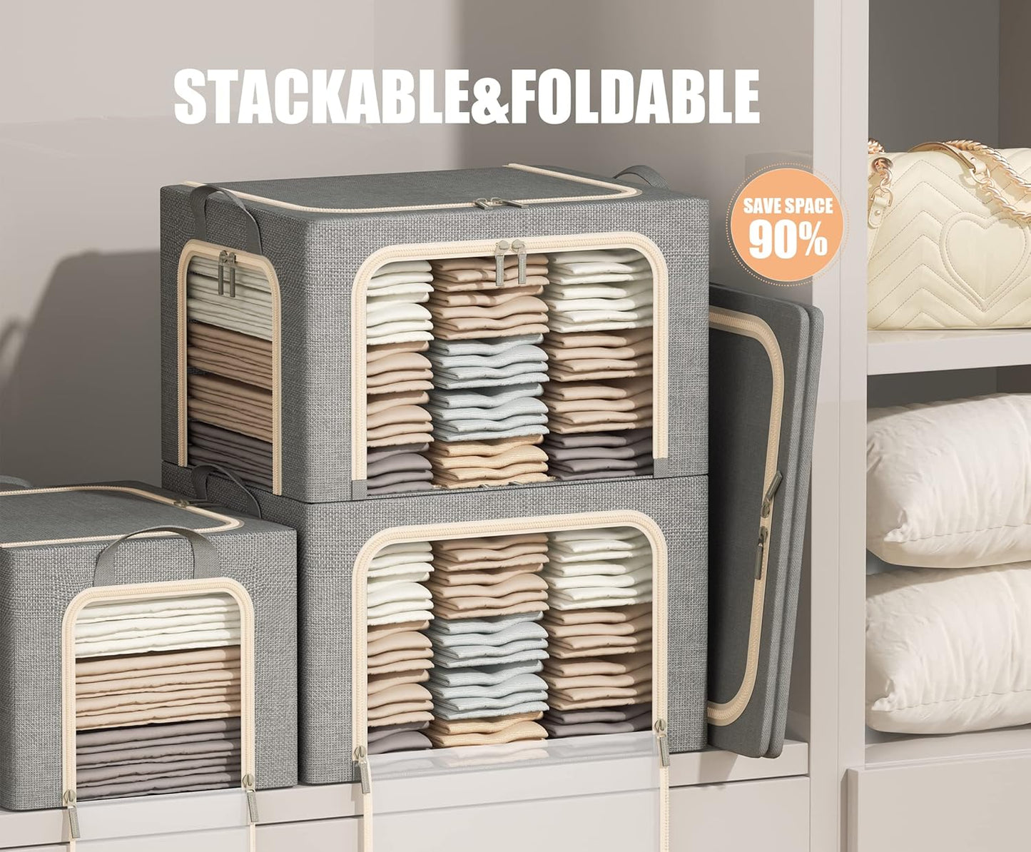 3 Openings Clothes Storage Bins with Metal Frame, Foldable Storage Bin for Clothes, Clothing Storage Bins with Lid, Linen Storage Box With Clear Window& Zippers& Durable Handles.(3 Pcs,Light Grey,40L)
