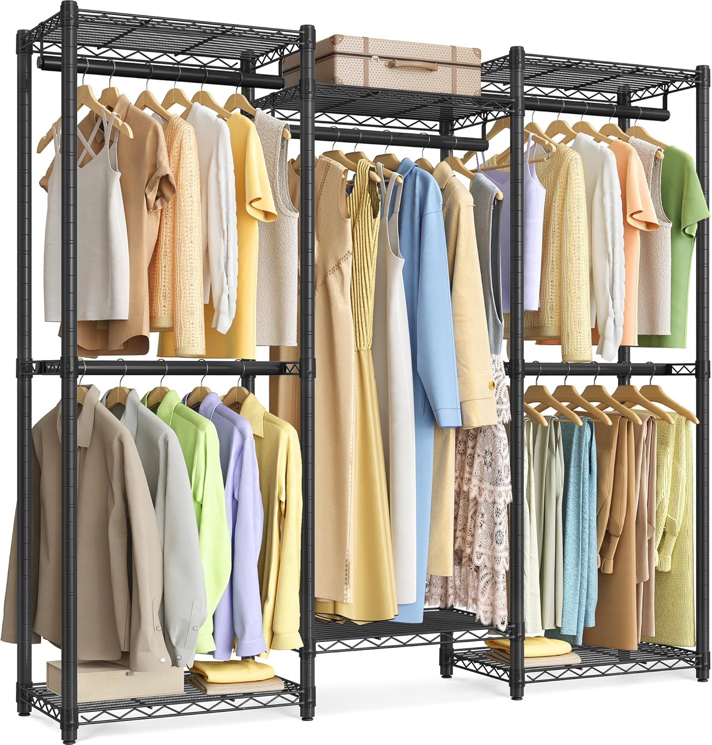 SONGMICS Heavy-Duty Rolling Clothes Rack, Garment Rack, Portable Closet, 43.3-Inch Wide Clothing Rack on Wheels, with Adjustable Mesh Shelves and Hanging Rails, Hooks, Ink Black ULGR414B01
