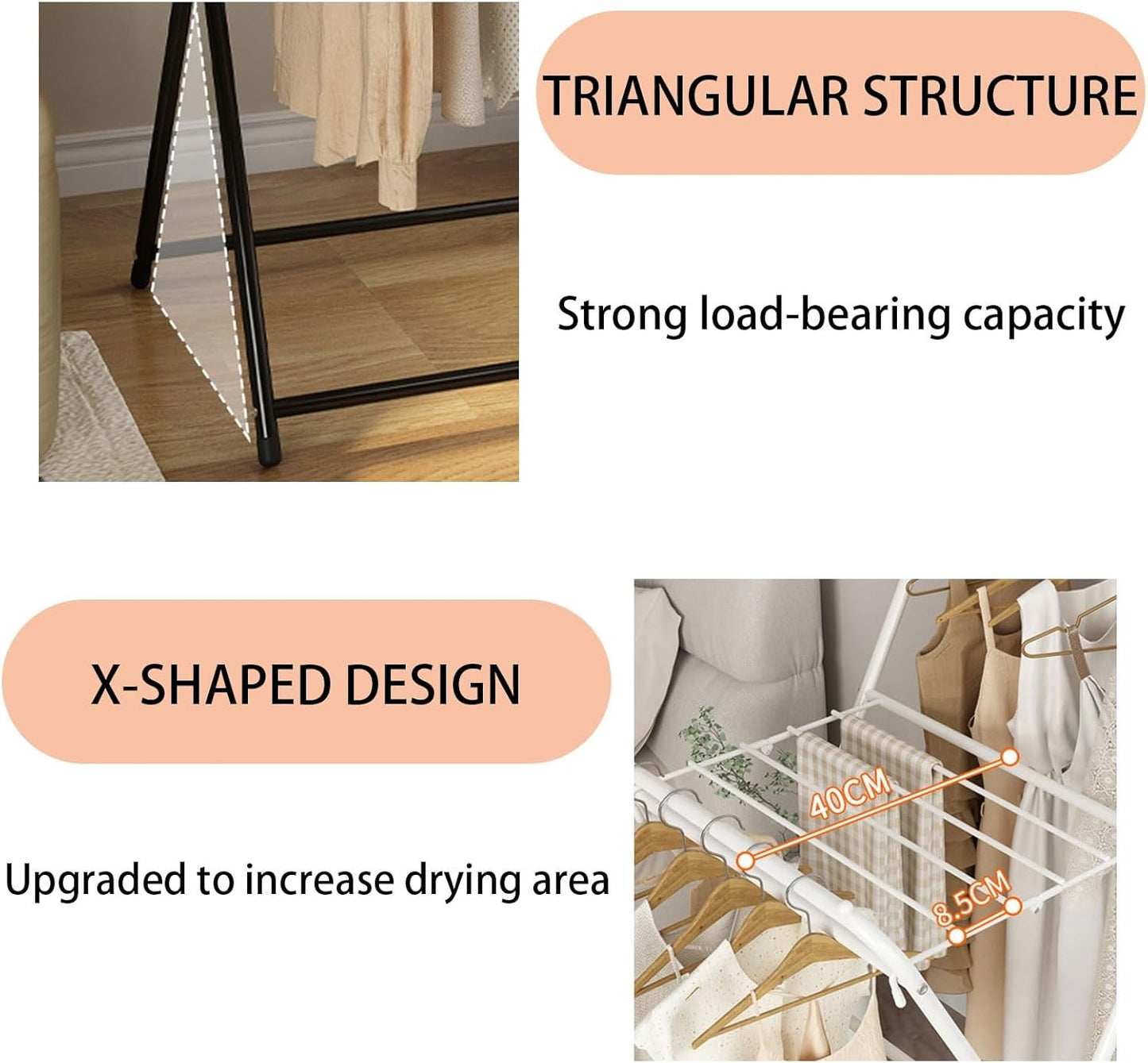 Folding Clothes Drying Rack, Movable Clothes Drying Rack, Height 110 cm/132 cm, Ample Drying Space, can be Used Indoors and Outdoors, Suitable for Living Room, Balcony, Porch, Terrace(Black,Short)